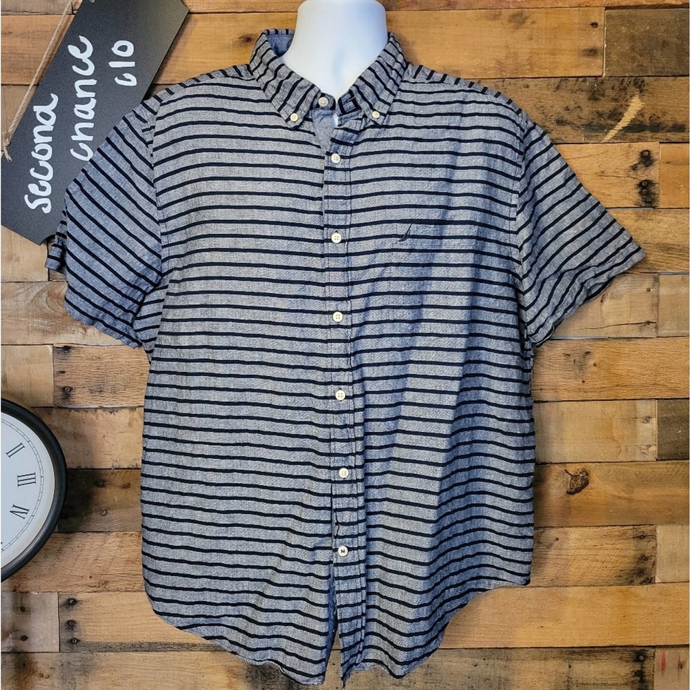 SALE-Nautica men's 2 tone blue stripped linen button up shirt size xxl